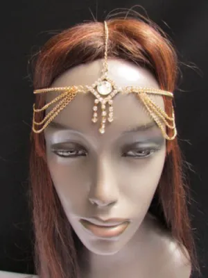 Silver Gold Metal Head Band Forehead Big Square Multi Rhinestones Multi Drapes Hair
