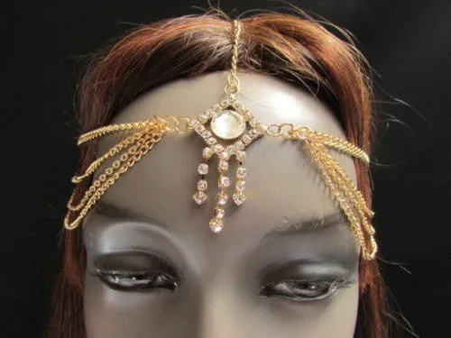 Silver Gold Metal Head Band Forehead Big Square Multi Rhinestones Multi Drapes Hair