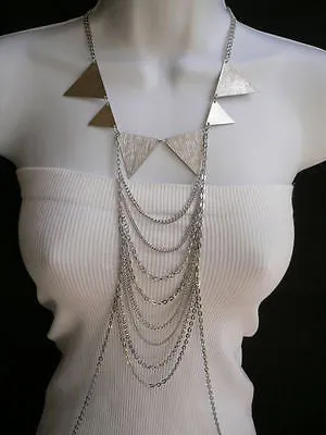 Silver Metal Body Jewelry Multi Chains Spikes Necklace
