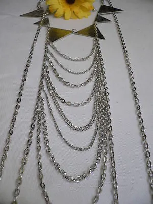 Silver Metal Body Jewelry Multi Chains Spikes Necklace