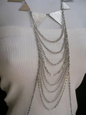 Silver Metal Body Jewelry Multi Chains Spikes Necklace