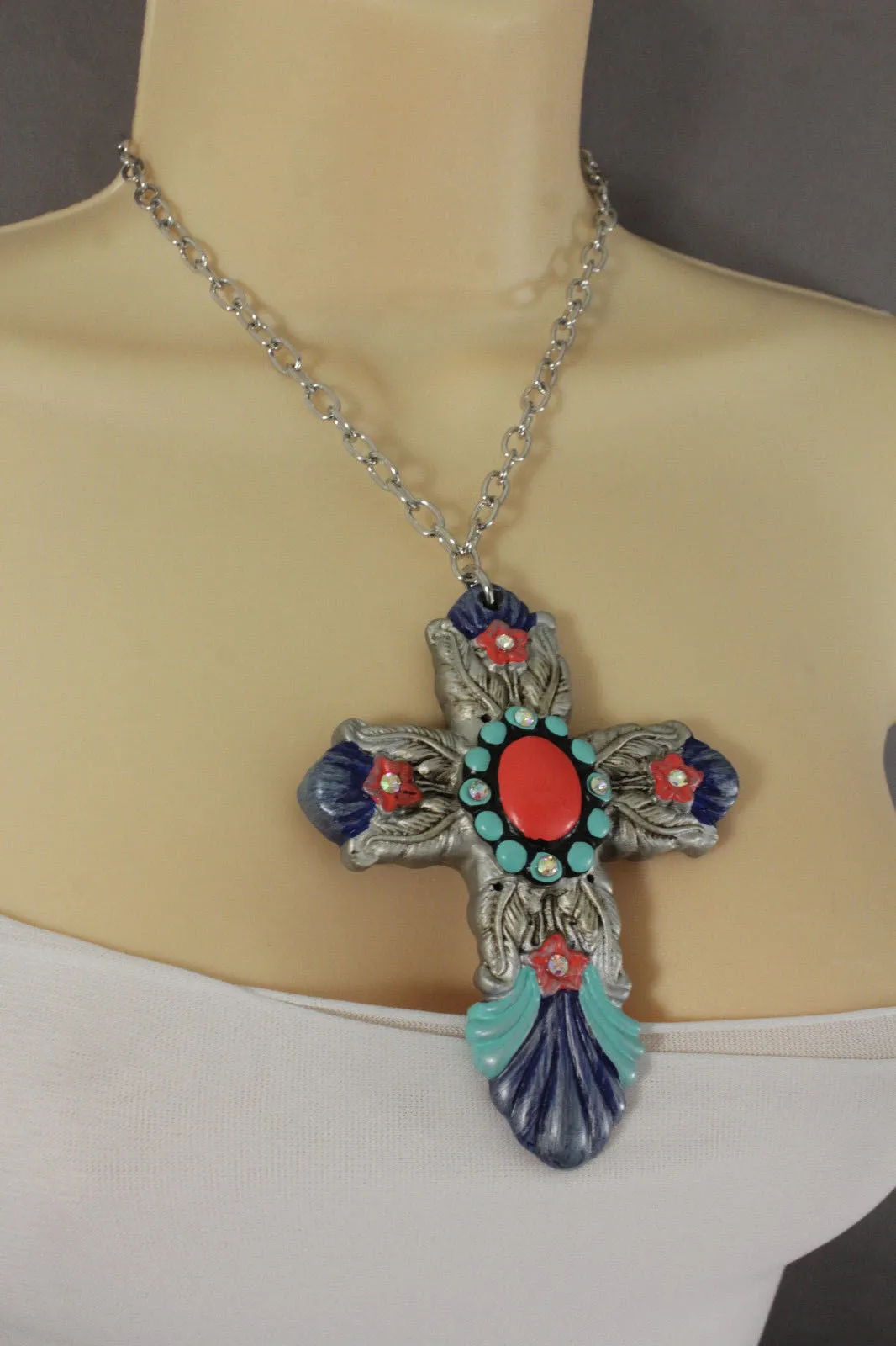 Silver Metal Chains Big Cross Pendant Charm Necklace