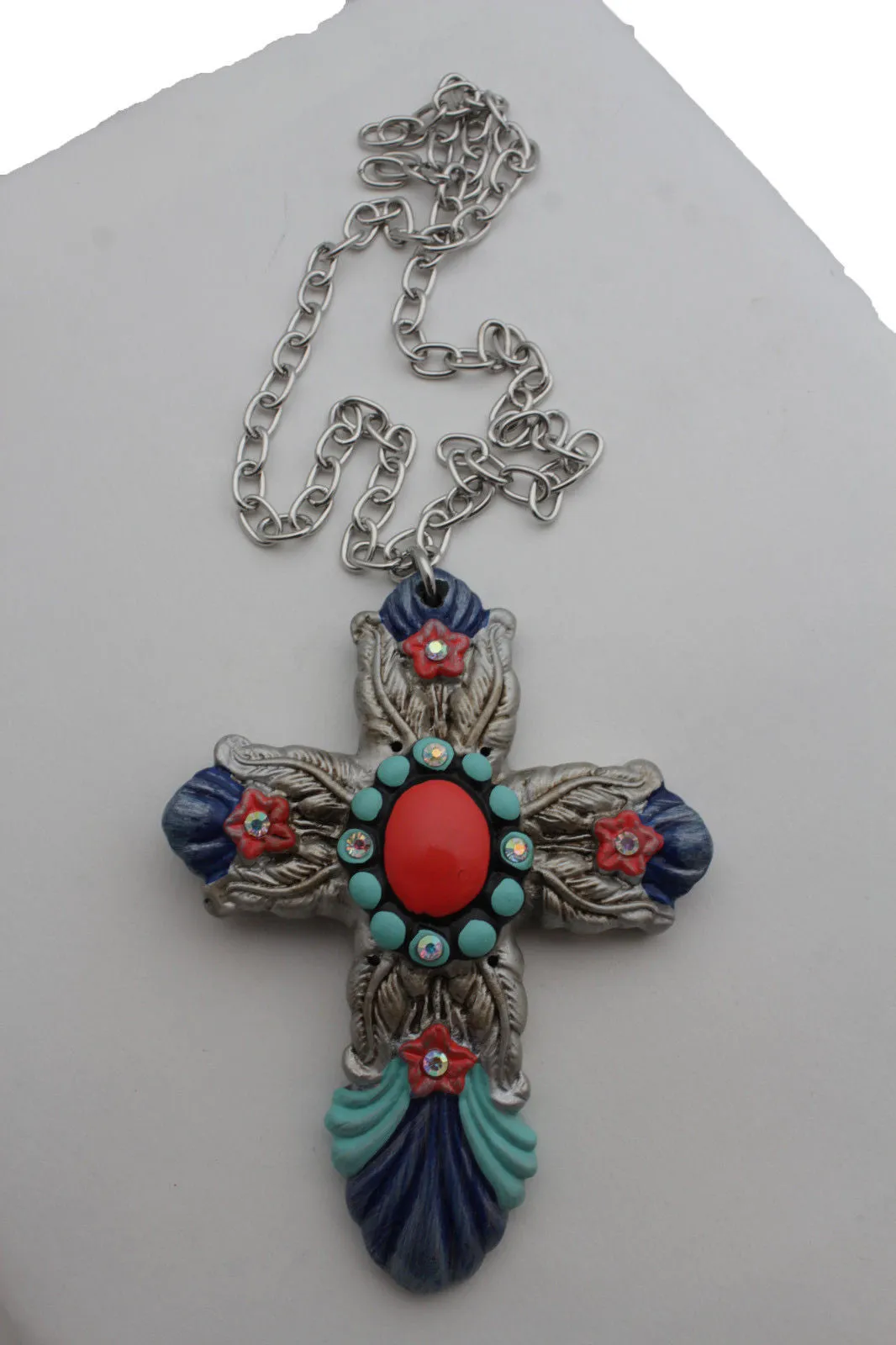 Silver Metal Chains Big Cross Pendant Charm Necklace