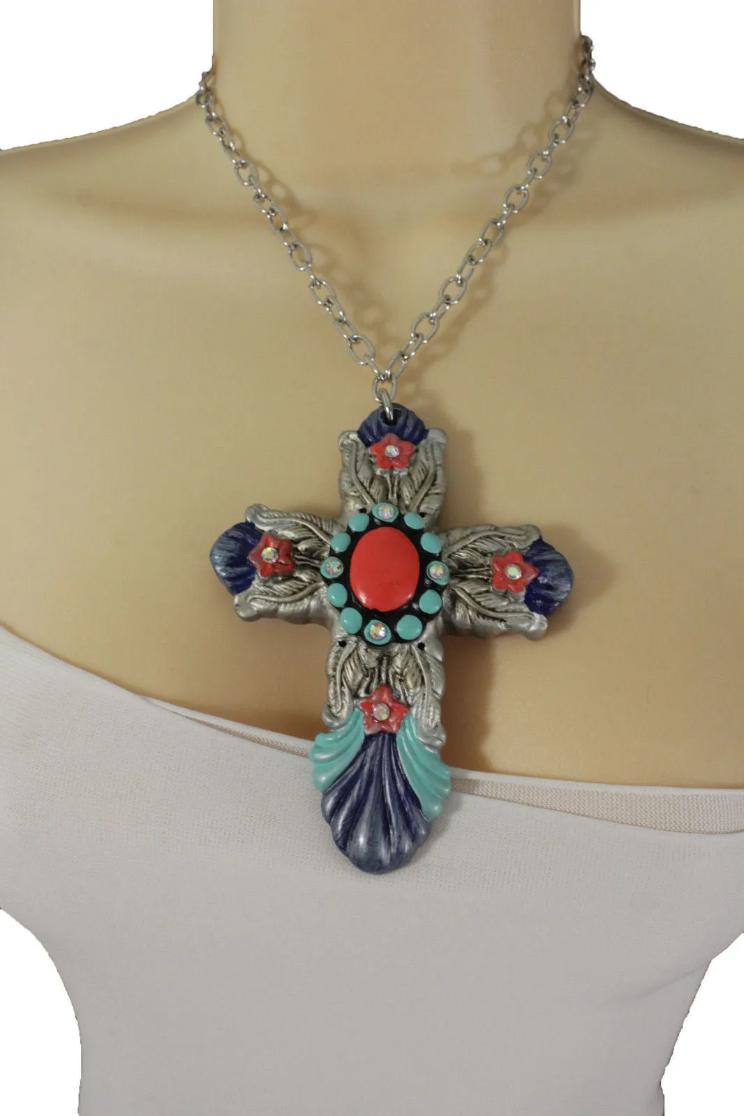 Silver Metal Chains Big Cross Pendant Charm Necklace