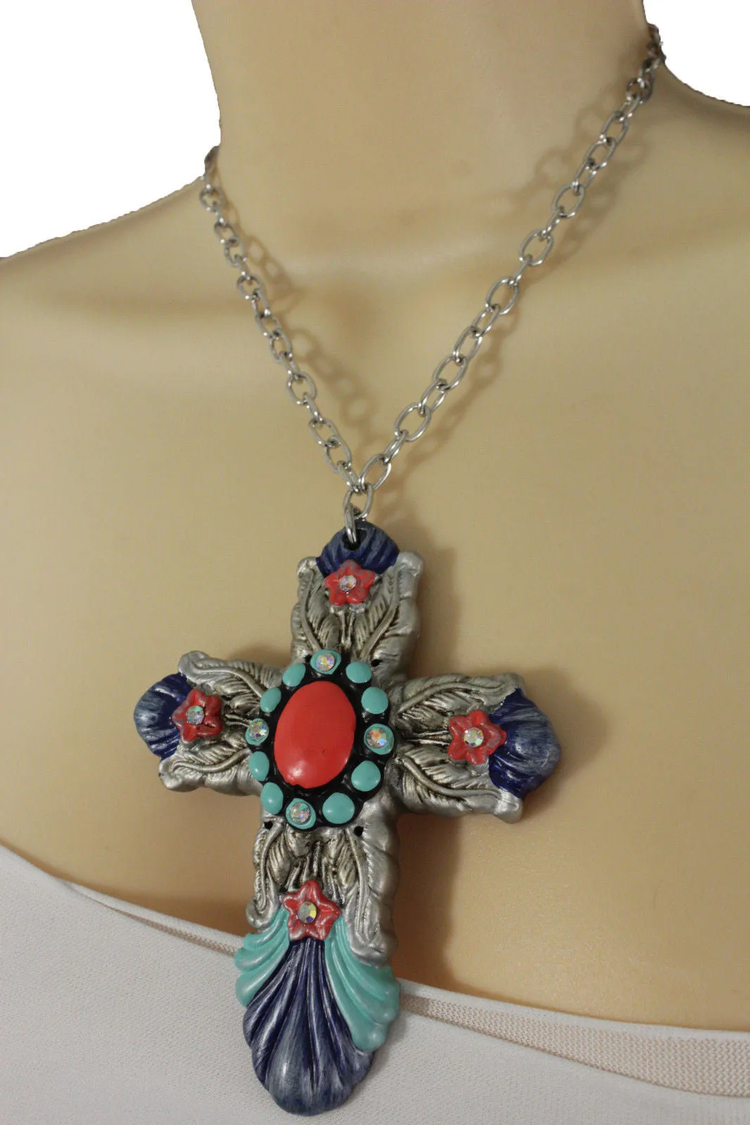 Silver Metal Chains Big Cross Pendant Charm Necklace