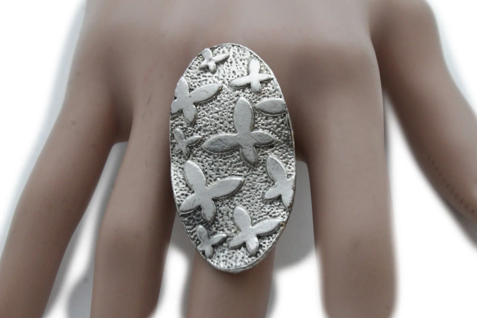 Silver Metal Cross Flowers Long Oval Shape Ring Fashionable Elegant Jewelry