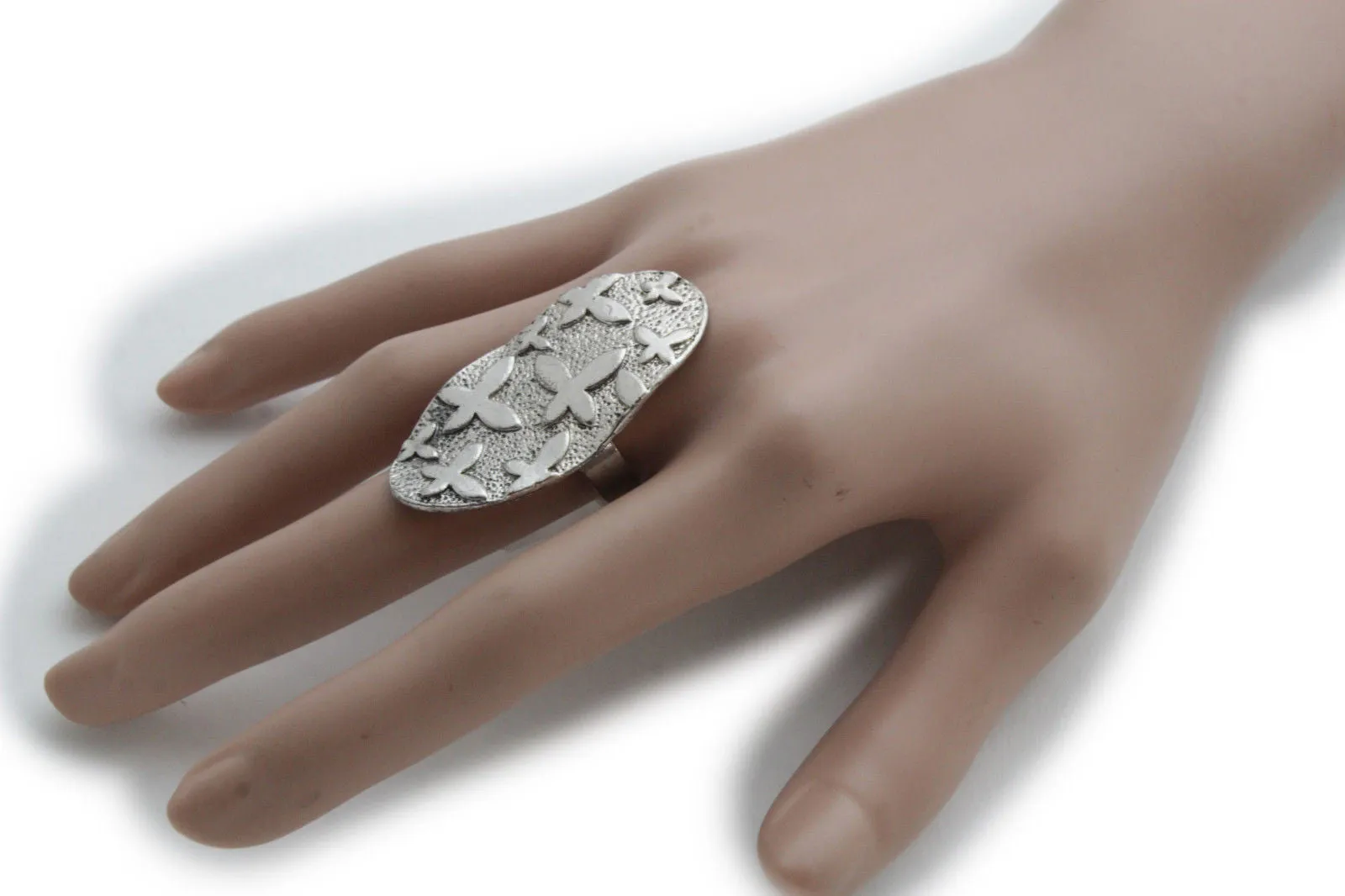 Silver Metal Cross Flowers Long Oval Shape Ring Fashionable Elegant Jewelry