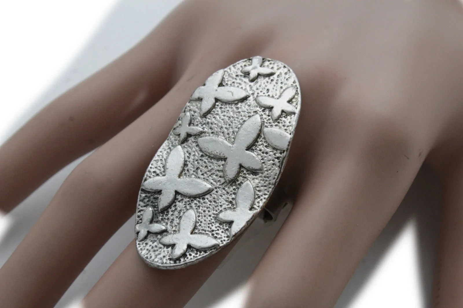 Silver Metal Cross Flowers Long Oval Shape Ring Fashionable Elegant Jewelry