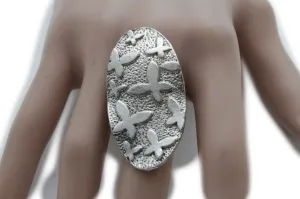 Silver Metal Cross Flowers Long Oval Shape Ring Fashionable Elegant Jewelry