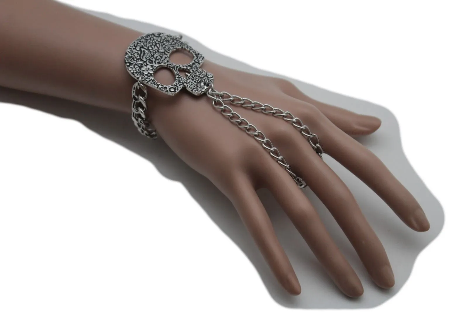Silver Metal Hand Chain Bracelet Skeleton Skull Charm Halloween