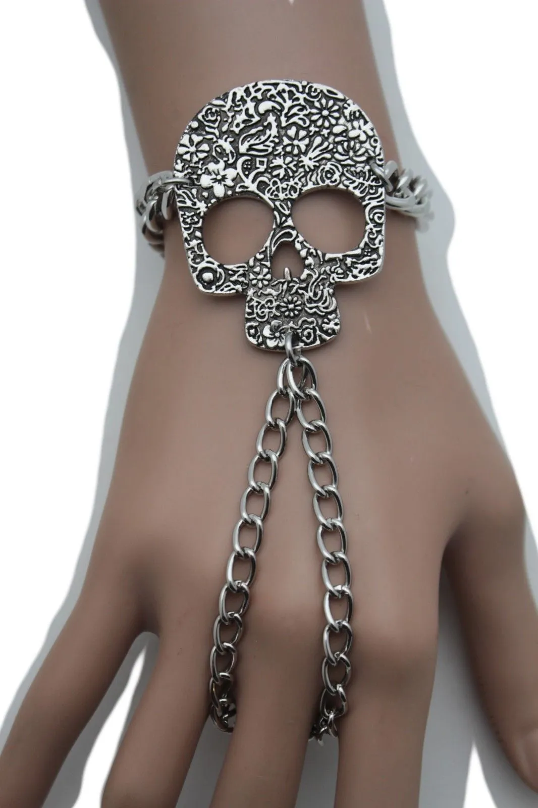 Silver Metal Hand Chain Bracelet Skeleton Skull Charm Halloween