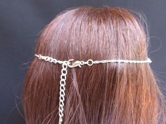 Silver Metal Head Chain Hair Piece Two Forehead Strands Rhinestones
