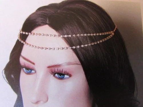 Silver Metal Head Chain Hair Piece Two Forehead Strands Rhinestones