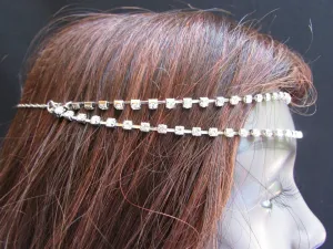 Silver Metal Head Chain Hair Piece Two Forehead Strands Rhinestones