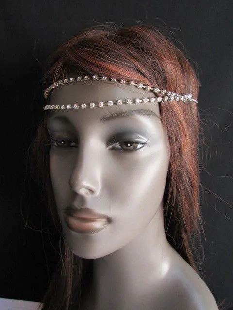 Silver Metal Head Chain Hair Piece Two Forehead Strands Rhinestones