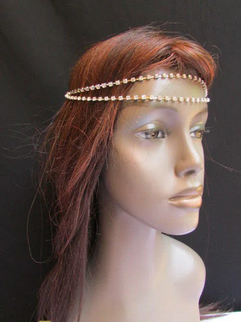Silver Metal Head Chain Hair Piece Two Forehead Strands Rhinestones