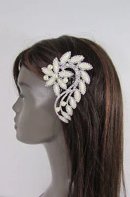 Silver Metal Head Hair Pin Long Leaf Flower Multi Rhinestones