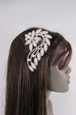 Silver Metal Head Hair Pin Long Leaf Flower Multi Rhinestones