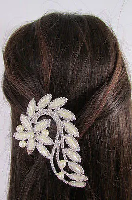 Silver Metal Head Hair Pin Long Leaf Flower Multi Rhinestones