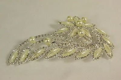Silver Metal Head Hair Pin Long Leaf Flower Multi Rhinestones