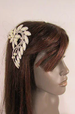 Silver Metal Head Hair Pin Long Leaf Flower Multi Rhinestones