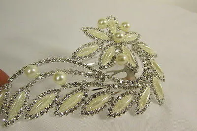 Silver Metal Head Hair Pin Long Leaf Flower Multi Rhinestones