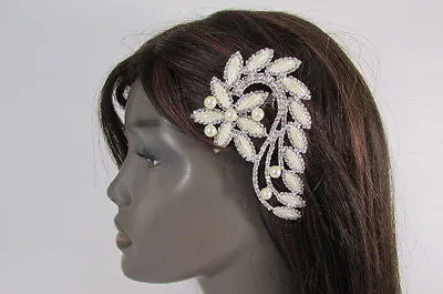 Silver Metal Head Hair Pin Long Leaf Flower Multi Rhinestones