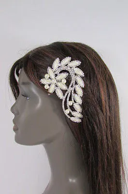 Silver Metal Head Hair Pin Long Leaf Flower Multi Rhinestones