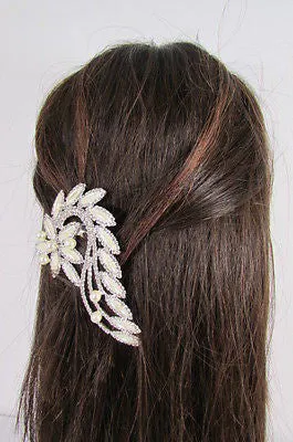Silver Metal Head Hair Pin Long Leaf Flower Multi Rhinestones