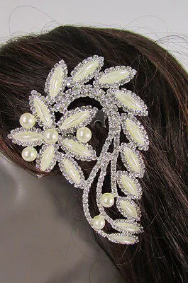 Silver Metal Head Hair Pin Long Leaf Flower Multi Rhinestones