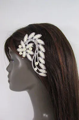 Silver Metal Head Hair Pin Long Leaf Flower Multi Rhinestones
