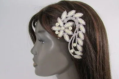 Silver Metal Head Hair Pin Long Leaf Flower Multi Rhinestones