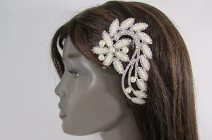 Silver Metal Head Hair Pin Long Leaf Flower Multi Rhinestones