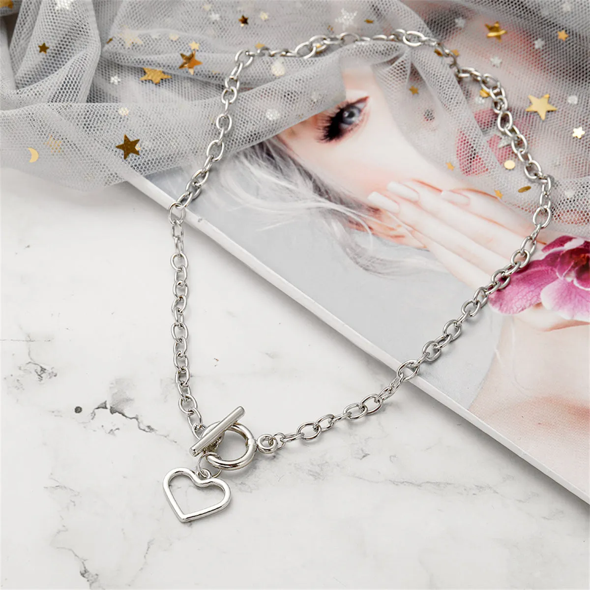 Silver-Plated Open Heart Toggle Pendant Necklace