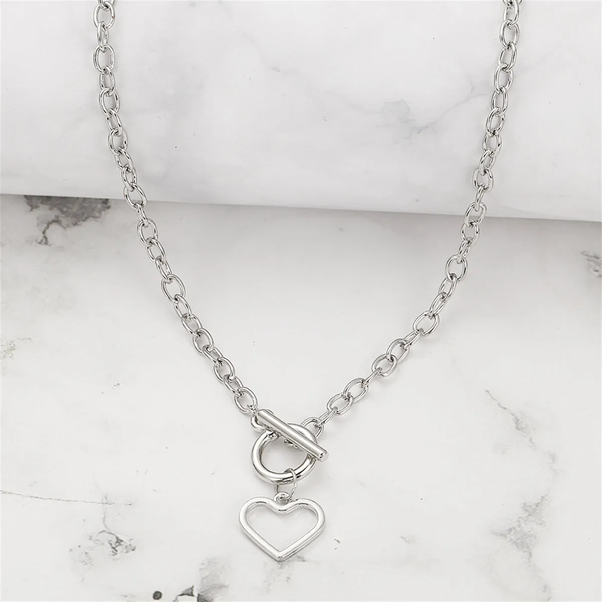Silver-Plated Open Heart Toggle Pendant Necklace