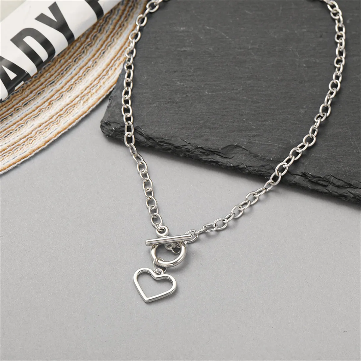 Silver-Plated Open Heart Toggle Pendant Necklace