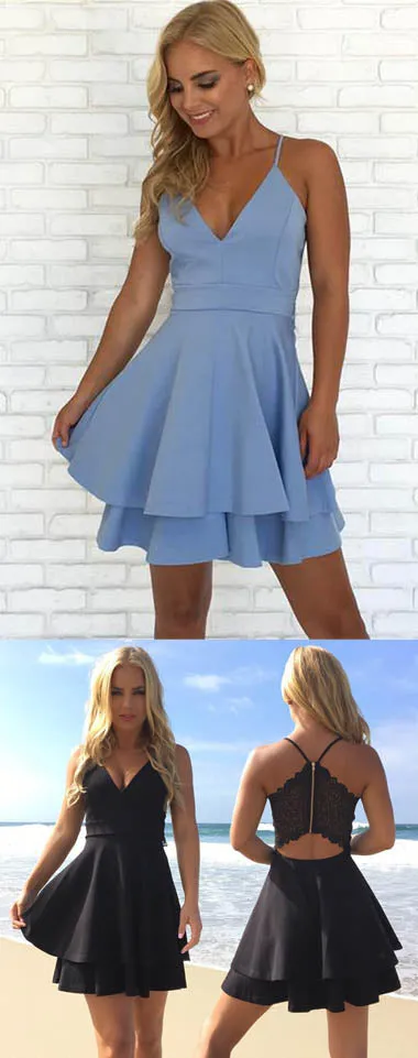 Simple Blue Spaghetti Straps V Neck Short Prom Dress Homecoming Dress, SH412