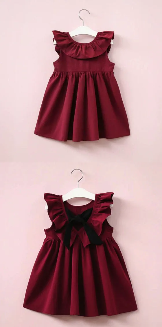 Simple Burgundy V-back Sleeveless Flower Girl Dresses With Bow, FG0131