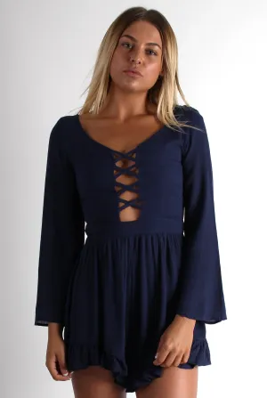 Sissy Navy Tie Front Frill Bottom Playsuit