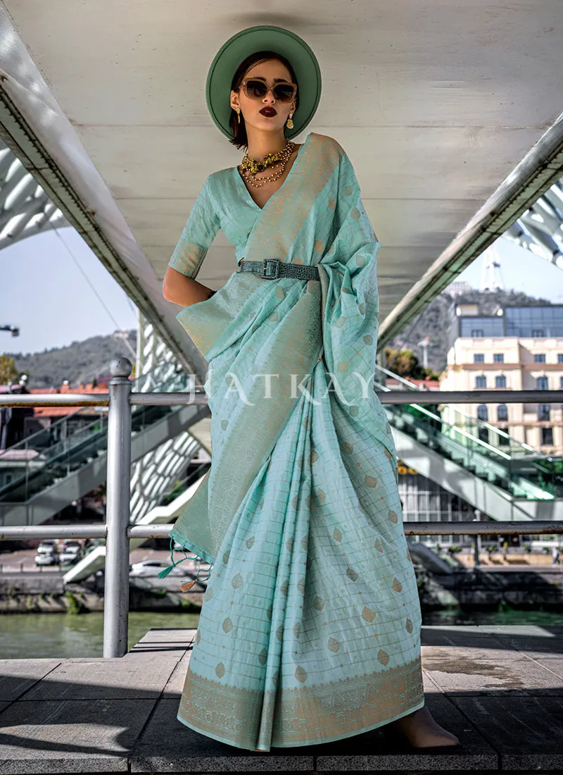 Sky Blue Golden Handloom Silk Saree