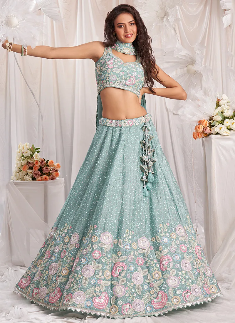 Sky Blue Multi Embroidered Bridal Lehenga Choli