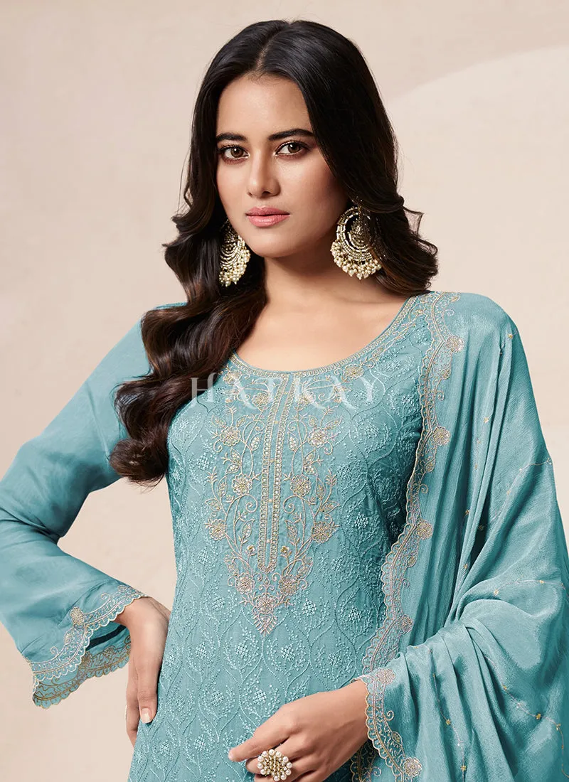 Sky Blue Schiffli Embroidered Pakistani Palazzo Suit