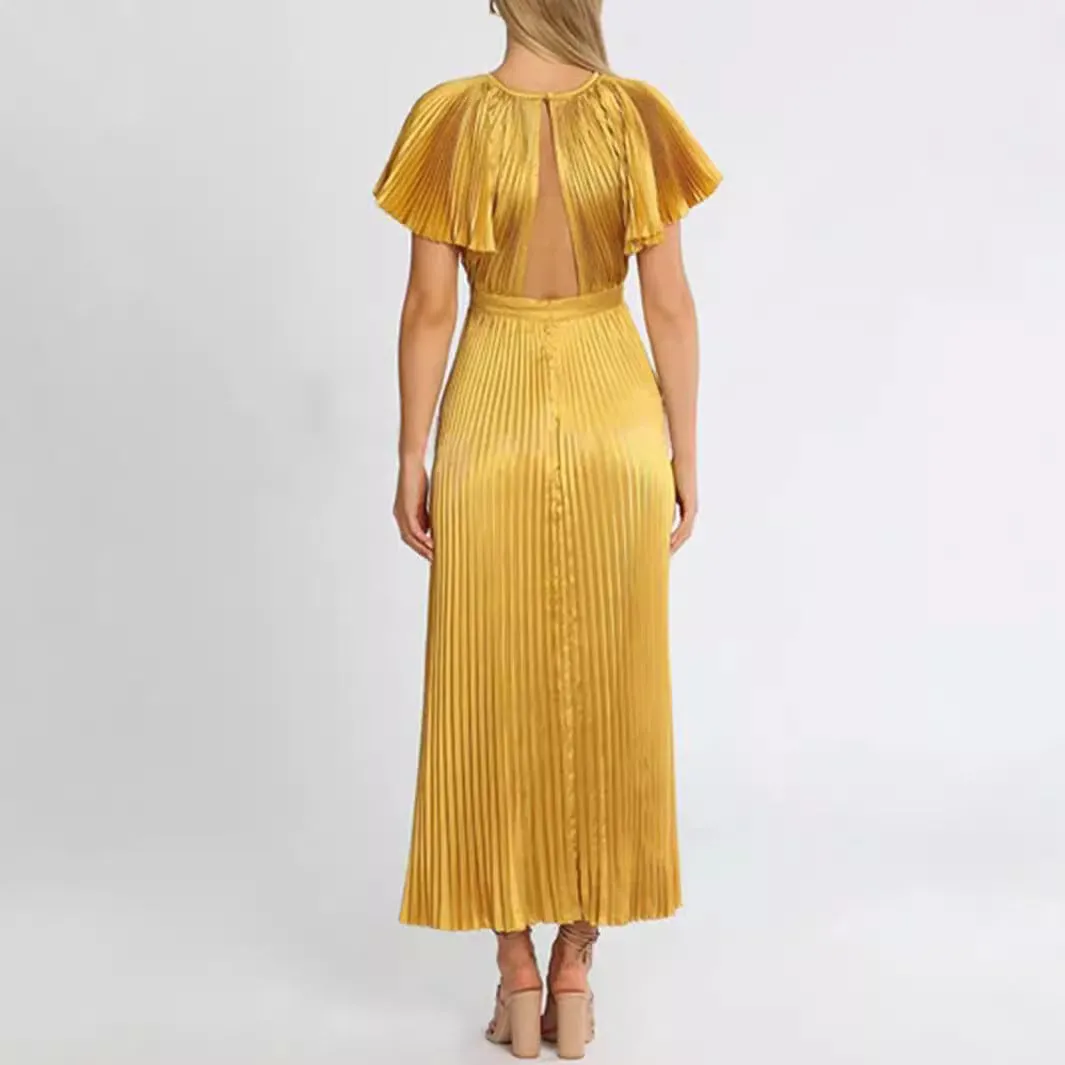 Solid Color Lotus Leaf Sleeve Evening Dress
