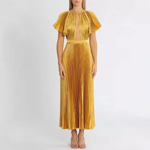 Solid Color Lotus Leaf Sleeve Evening Dress
