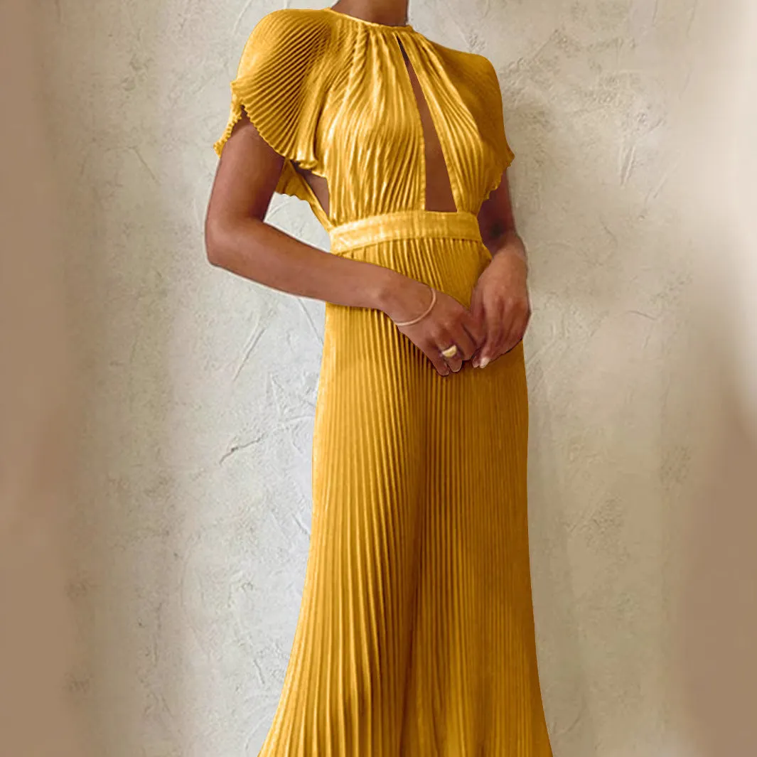 Solid Color Lotus Leaf Sleeve Evening Dress