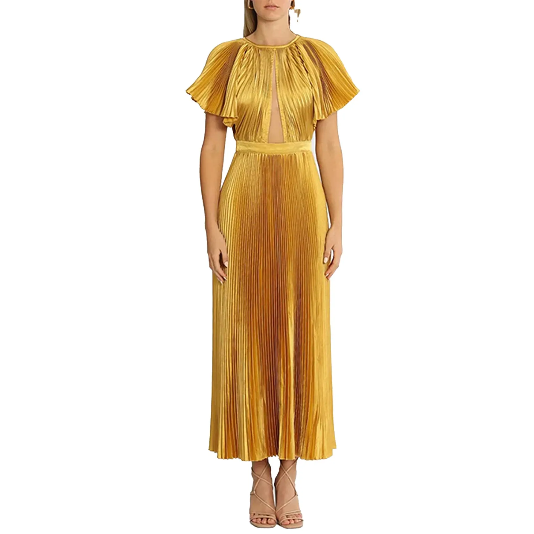 Solid Color Lotus Leaf Sleeve Evening Dress