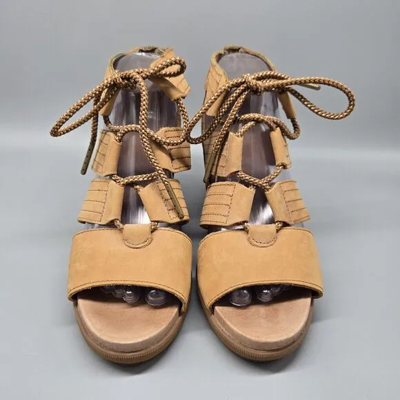 Sorel Joanie II Leather Lace Up Wedge Sandal Size 8 Brown