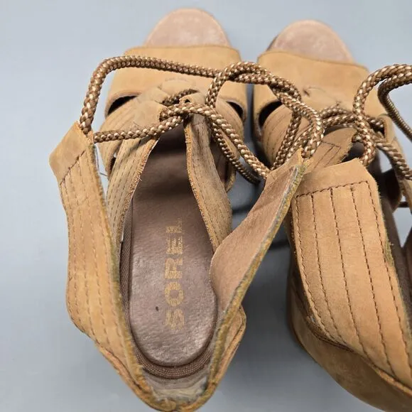 Sorel Joanie II Leather Lace Up Wedge Sandal Size 8 Brown