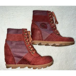 Sorel PDX Lace up Wedge Lexie Wedge Maroon Brown Leather Canvas - size 9.5 - E3
