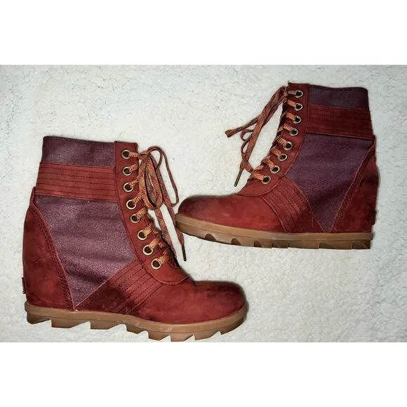 Sorel PDX Lace up Wedge Lexie Wedge Maroon Brown Leather Canvas - size 9.5 - E3